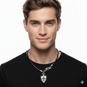 Stigma Mens Navy Blue Cord Necklace Silver Tone Fleur-de-Lis Shield Pendant NWT